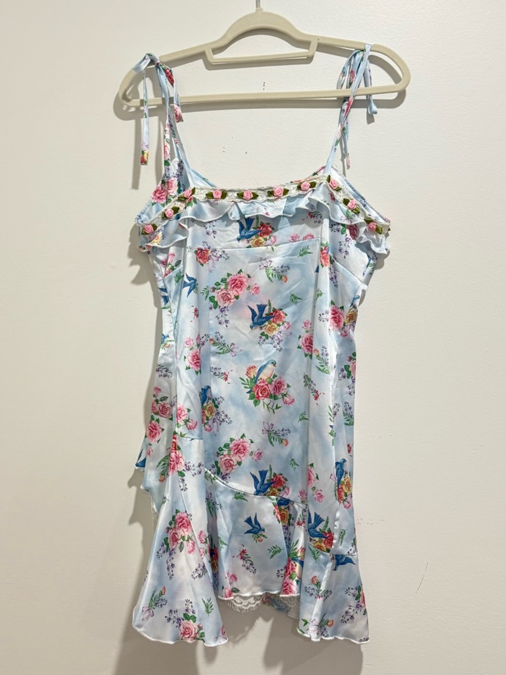 Pastel Blue Floral Satin Ruffle Dress with Lace - Picture 8 of 8